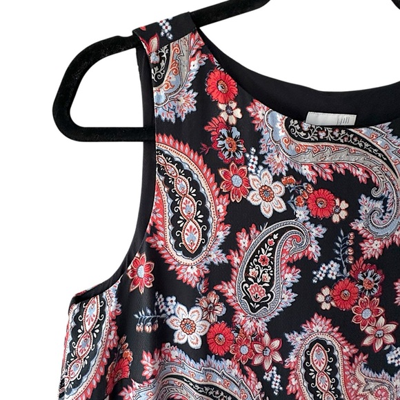 J JILL PAISLEY SPLIT BACK LAYERED BLACK TUNIC DRESS SLEEVELESS | SIZE: SMALL - Picture 4 of 11